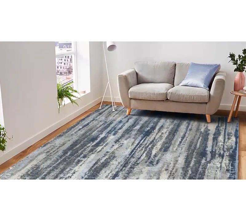 Hand-Knotted Blue Abstract Wool Silk Area Rug