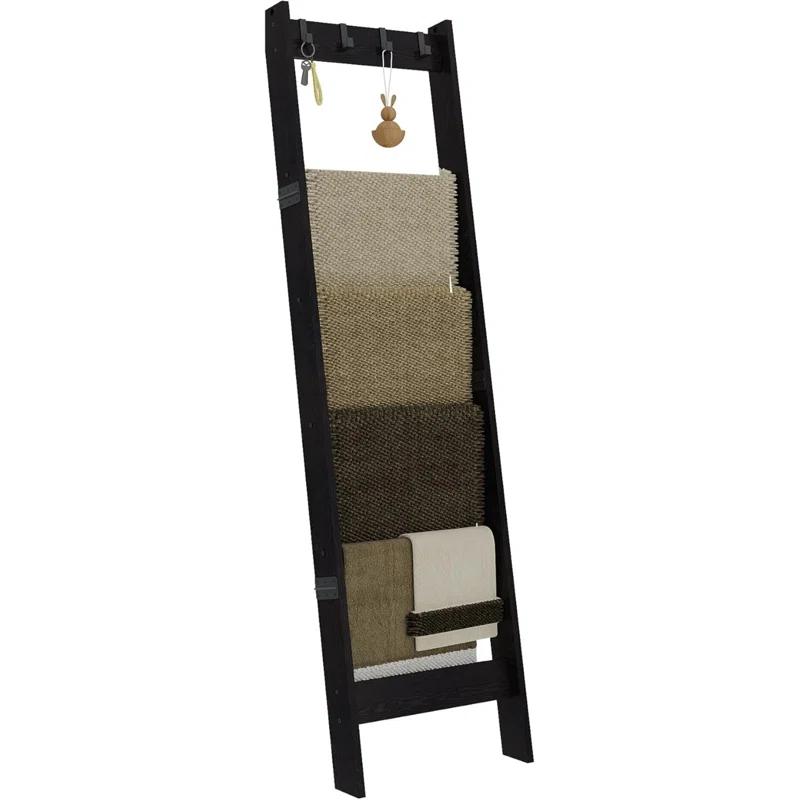 6 Tier Blanket Ladder Shelf For Living Room And Bedroom, Ladder Holder With 4 Metal Hooks, 5.2Ft Blanket Quilt Holder Rack, Farmhouse Ladder Rack For Storage And Home Decor