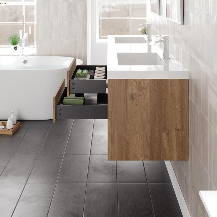 Wade Logan® Wauconda 72"W X 20"D Wall Mount Double Sink Bathroom Vanity With White Acrylic Countertop And Integrated Sinks