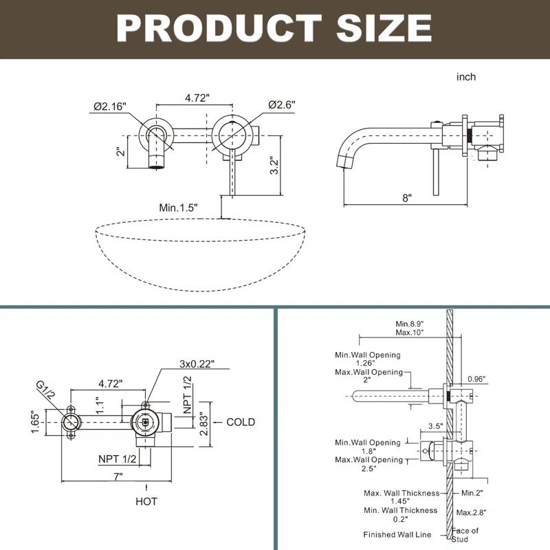 IVIGA Single Handle Wall Mounted Bathroom Faucet for Sink