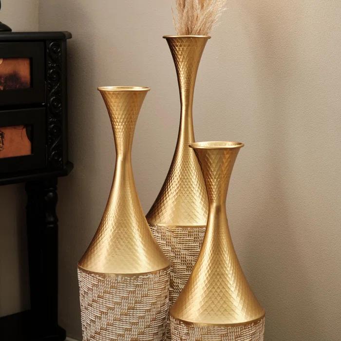 Everly Quinn Medhansh Metal Floor Vase (Set Of 3), Tall Large Flower Vase With Tapered Opening & Lattice Weave Texture, Antique Gold Finish