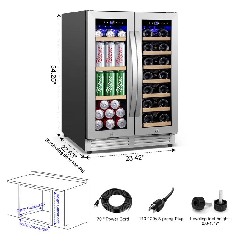 Nipus 24 in. Dual Zone 20-Bottle and 65-Can Beverage & Wine Cooler Four Door Handles Wine Fridge Removable Shelves Classic Series