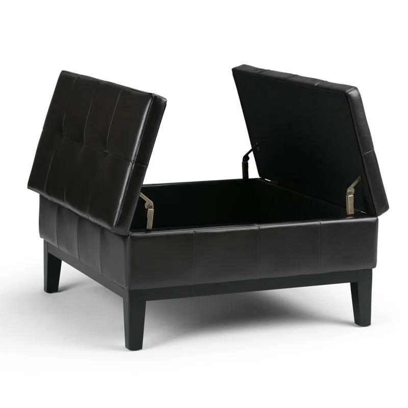 Simpli Home Dover 36"W Upholstered Square Coffee Table Storage Ottoman with Split Tufted Lift Top