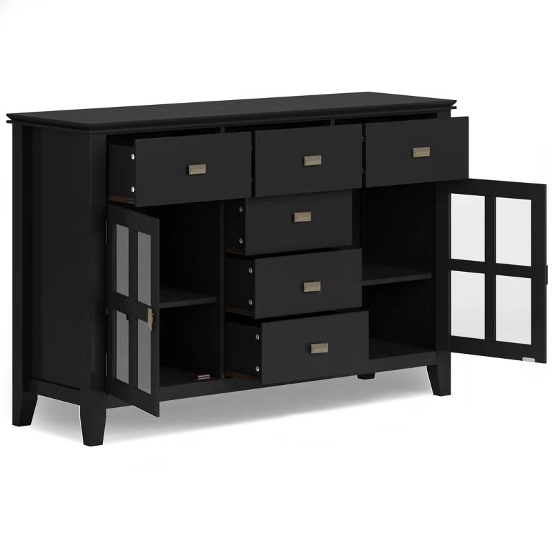 Simpli Home Artisan 54"W Solid Wood Sideboard Buffet with Tempered Glass Doors and 6 Drawers
