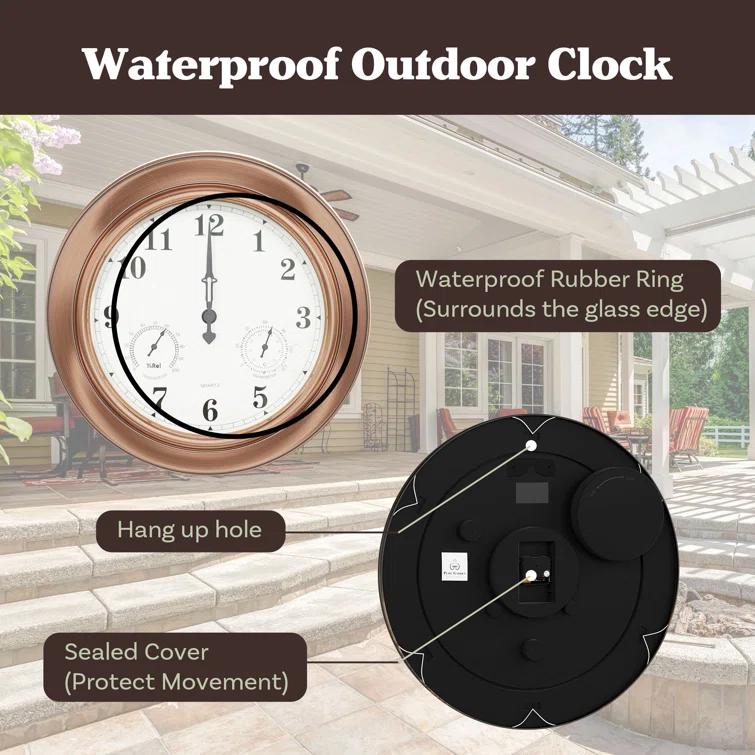 Pure Garden Indoor Outdoor Clock Thermometer Combo - 18-Inch Waterproof Outdoor Wall Clock with Temperature and Humidity by Pure Garden