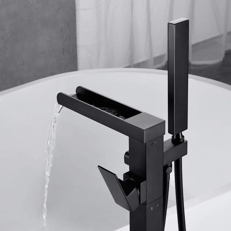 AlenArtWater Waterfall Tub Filler Freestanding Bathtub Faucet Floor Mount Brass Single Handle Bathroom Faucets with Hand Shower 94-LJQKCZ