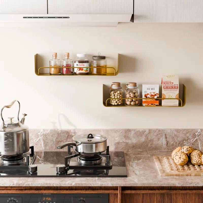 Mercer41 16 Inch Gold Floating Shelves Set Of 2, Modern Iron Bathroom Shelves With Guardrail, U-shaped Wall Mounted Shelf For Home Decor & Organizer, Display Shelf For Bathroom,kitchen,bedroom&any Room