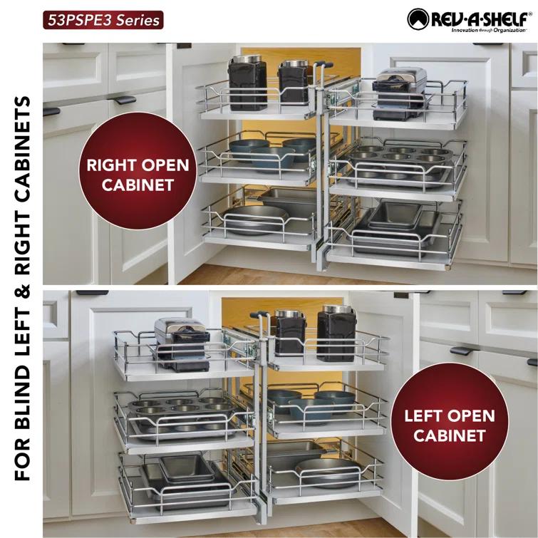 Rev-A-Shelf Steel 3-Tier Pullout Solid Bottom Organizer For Blind Corner Cabinets W/ Soft-Close