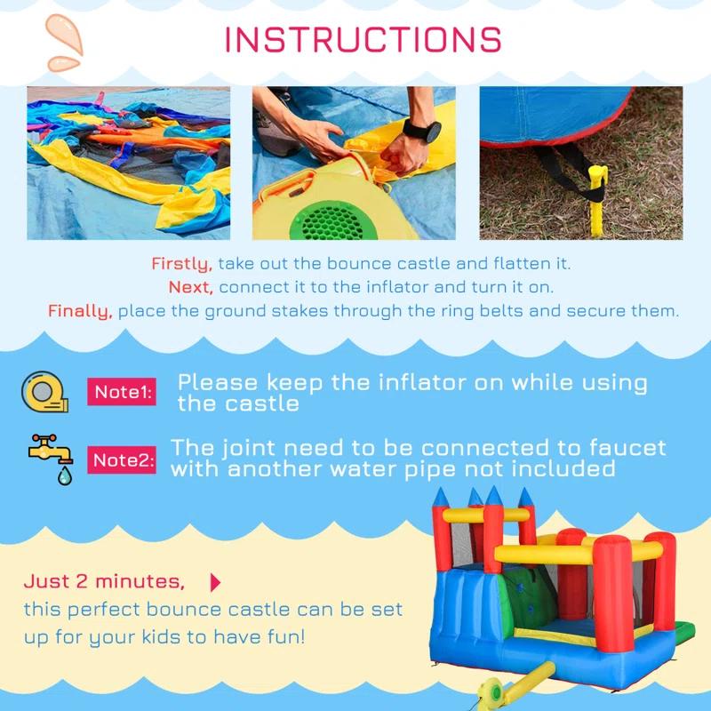 GZMWON Outsunny 6-In-1 Kids Bounce House Inflatable Water Slide With Pool, Water Cannon, Climbing Wall, Inflator Included, Jumping Castle Kids Backyard Activity Outdoor Water Play Toy