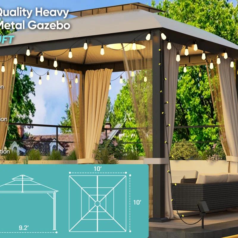 HomeViewto 10X10FT Softtop Metal Gazebo With Mosquito Net&Sunshade Curtains,Sturdy Heavy Duty Double Roof Canopy,Galvanized Steel Design Outdoor Tent,Suitable For Gardens,Patio,Backyard