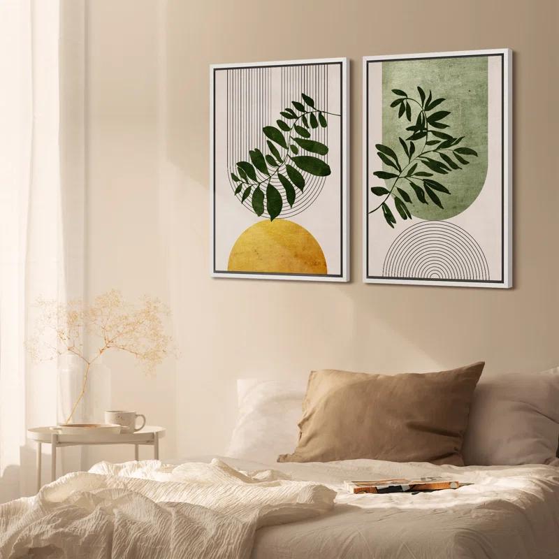 IDEA4WALL Mid Century Modern Boho Green Yellow Bright Plant Art Framed Canvas 2 Pieces Print  Wall Art Set