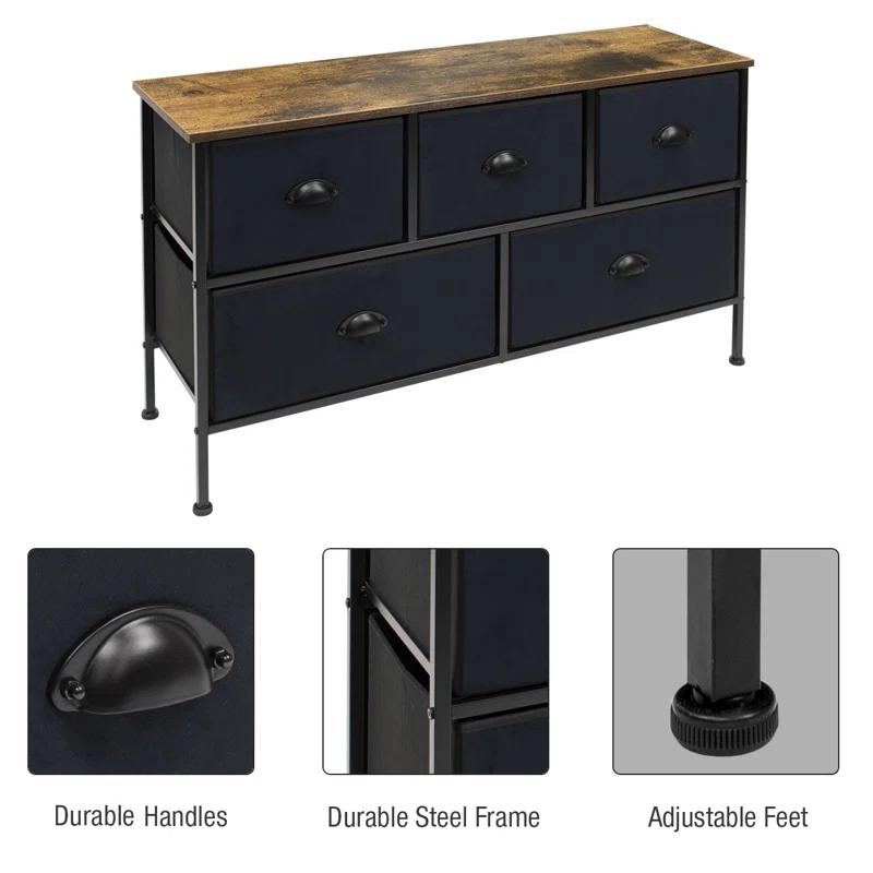 Sorbus Sorbus Dresser with 5 Drawers with Steel Frame, Wood Tops, and Fabric Bins in Black with Wood Top