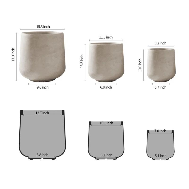 Kante Kante Round Concrete Planters, Outdoor Indoor Pots Containers with Drainage Holes Set