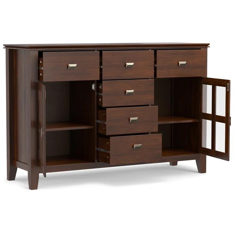 Simpli Home Artisan 54"W Solid Wood Sideboard Buffet with Tempered Glass Doors and 6 Drawers