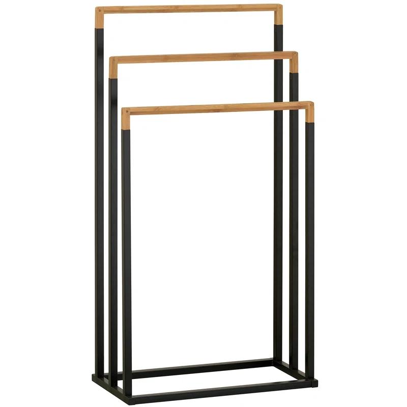 MyGift 33 Inch Black Chrome Plated Metal Freestanding Bathroom Towel Rack Stand with 3 Tier Bamboo Wood Bar, Laundry Room Drying Rack Stand