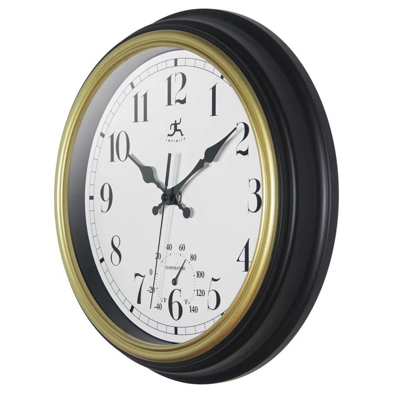 Infinity Instruments Modern/Contemporary Round Plastic Wall Clock 12 Inches - Black and Gold
