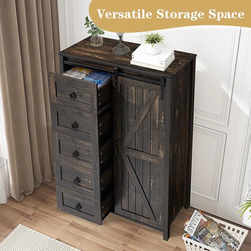 Gracie Oaks 5 Drawers Dresser With Cabinet, 48" Tall Chest, Wooden Closet Dresser With Sliding Barn Door For Living Room, Hallway