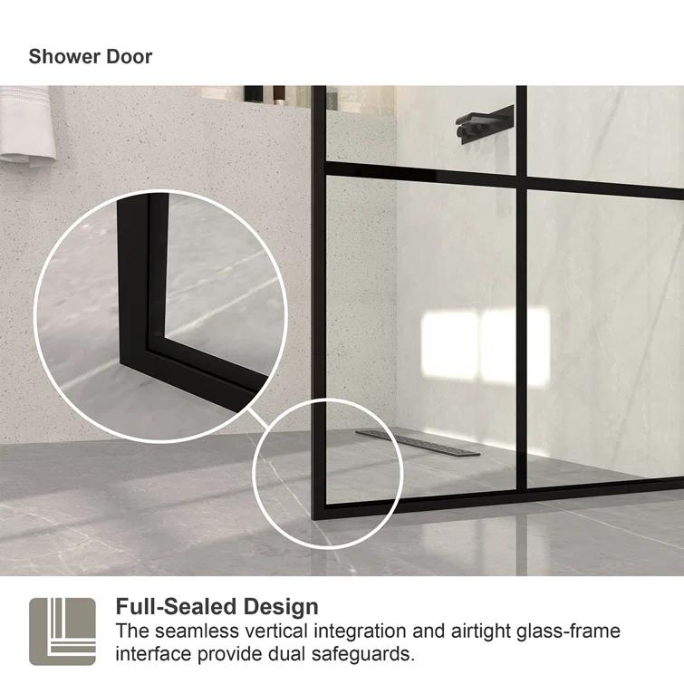 Hermitage Bath Hilma 34 In. W X 72 In. H Fixed Framed Shower Door In Matte Black Finish With Patterned Glass 1010A-HBMB