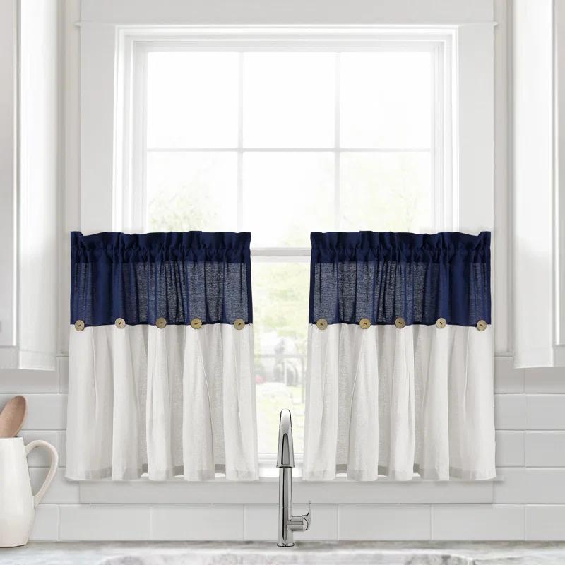 Lush Decor Linen Button Cotton Blend Tailored 29'' W Cafe Curtain (Set of 2)