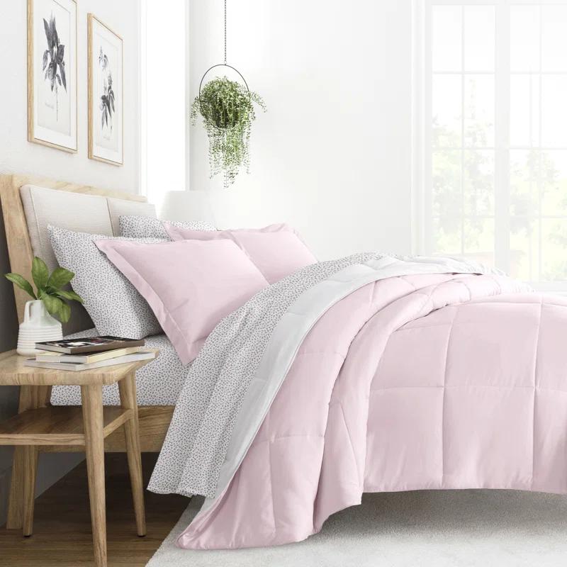 IEnjoy Home 7-Piece Reversible Bedding Bundle - Solid Comforter and Patterned Sheet Set