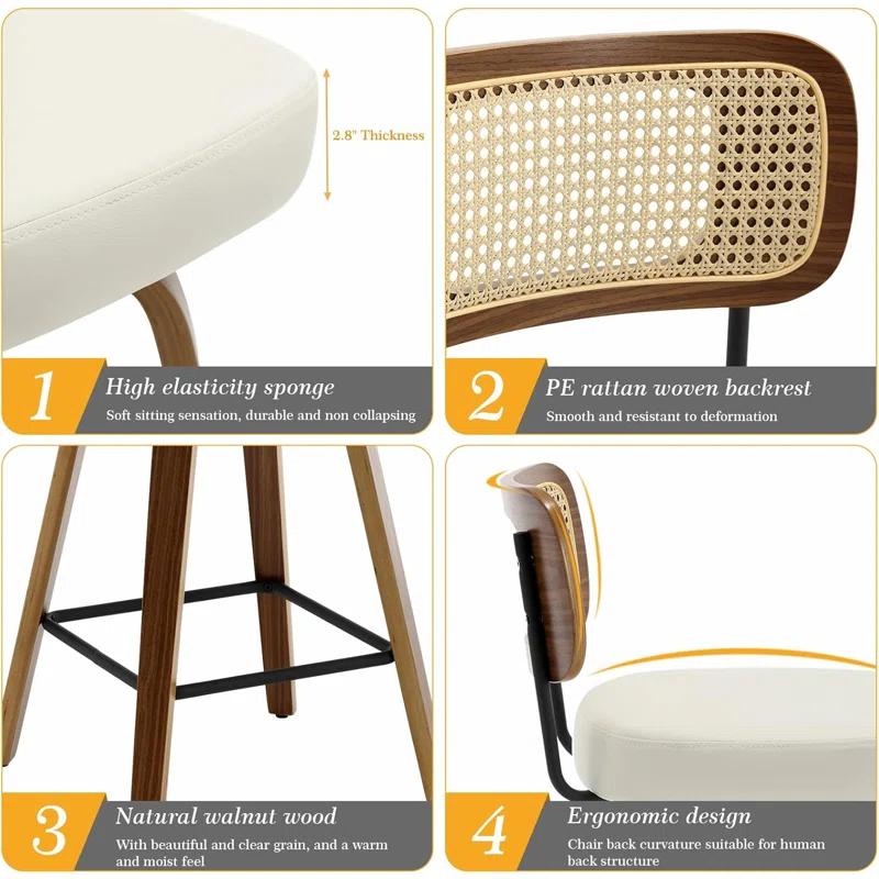 INKEDZ Swivel Counter Height Bar Stools Set of 3, Upholstered Faux Leather Barstools with Rattan Back, 26" Seat Height Bar Chairs for Kitchen Island, Bentwood Wood Frame, Cream White