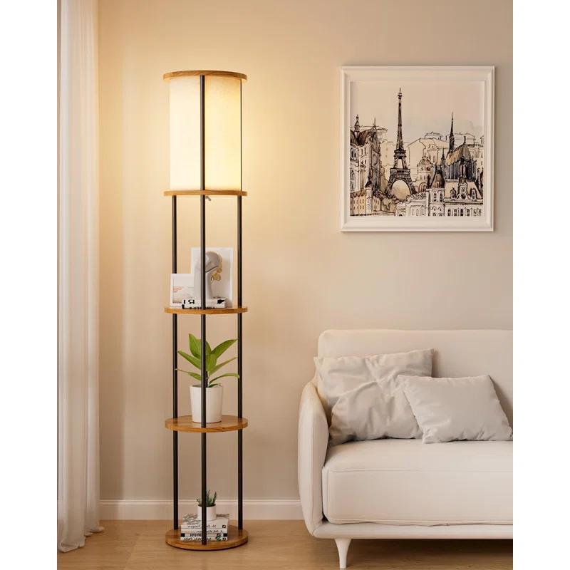 17 Stories Lightdot 61IN 3-Tier Shelf Floor Lamp With E26 Bulb Included, Black Standing Lamp For Living Room, Bedroom, Sofa Corner - Sturdy Wood Design With Fabric Lampshade