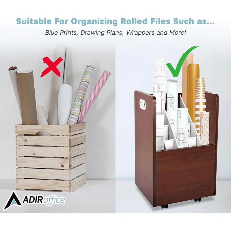 AdirOffice 20-Slot Mobile Rolling Wood Blueprint Roll File Large Document Organizer