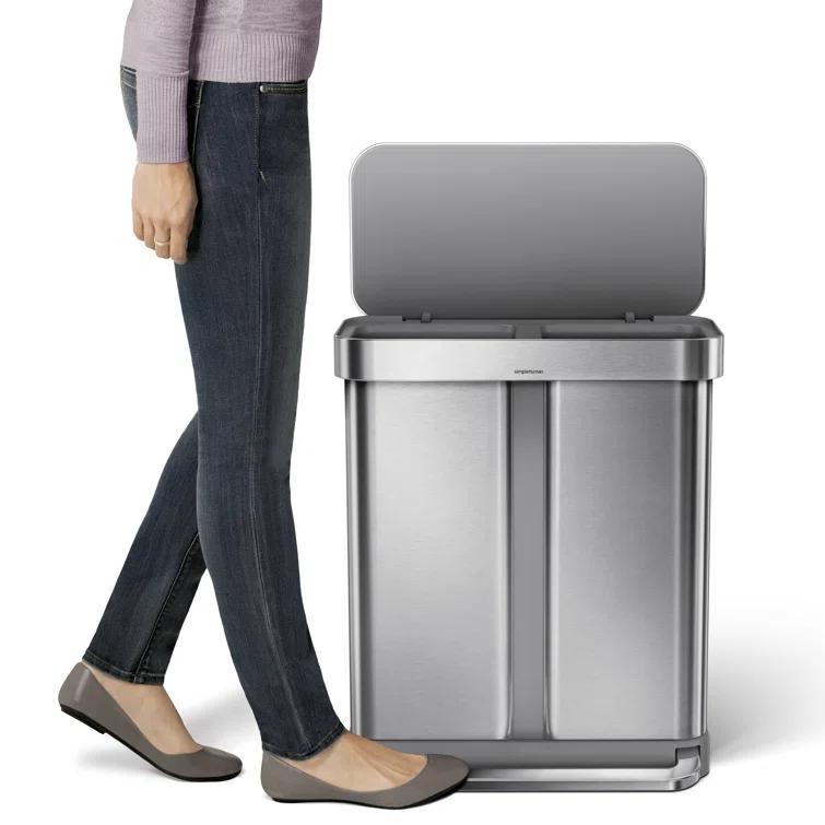 Simplehuman 58 Liter Recycling Kitchen Trash Can with Liner Pocket, Brushed Stainless Steel
