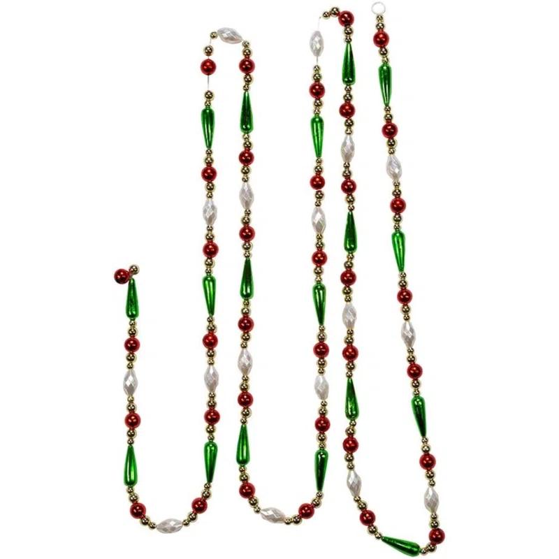 Kurt Adler Kurt Adler Gold, Red, Green and White Round Bead with Water Drop Beaded Garland, 9 Ft