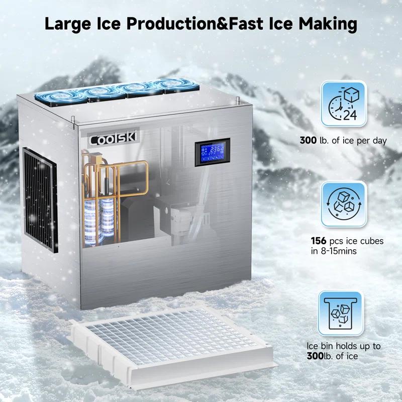 Coolski Coolski Commercial Ice Machine 350 lb. Daily Production Clear Cube Ice, Freestanding Ice Maker For restaurants Bars Hotels, Stainless Steel