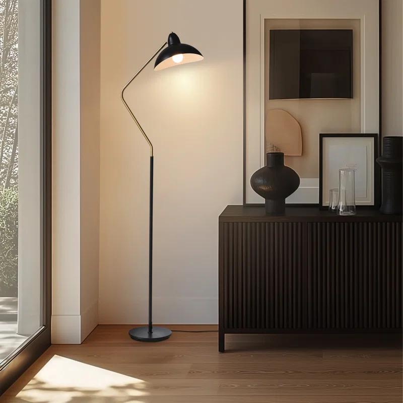 Brightech Swoop 69 in. Mid Century Modern Adjustable Curved Black Standing Lamp with Metal Bowl Shade and Gold Finish - LED Bulb Included
