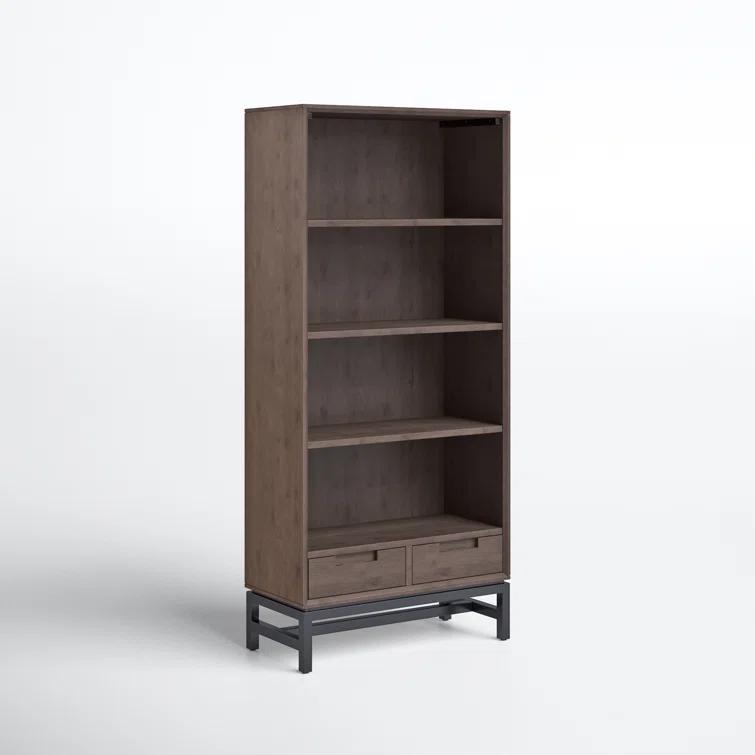 Banting 30"W Solid Wood 4 Shelf Industrial Bookcase with 2 Drawers, Adjustable Shelves, and Metal Base
