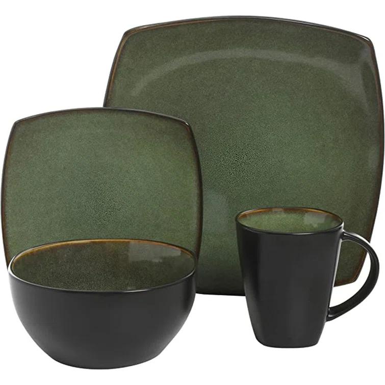 Gibson Soho Lounge Square 16-Piece Stoneware Dinnerware Set - Green