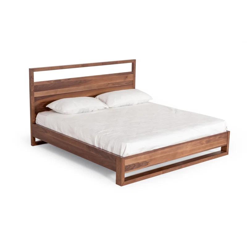 Benjara Lina Bed With Plank Style Tall Headboard, Modern Walnut Brown