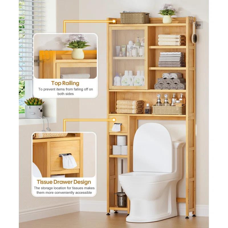 Latitude Run® Over The Toilet Storage Cabinet With Acrylic Door Panel And Paper Towel Drawer, Bamboo Space Saver Shelf, Bathroom Organizer Rack