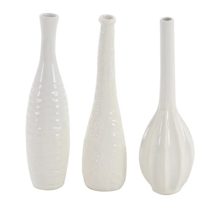 Ceramic Slim Textured Bottleneck Decorative Vase with Varying Patterns Set