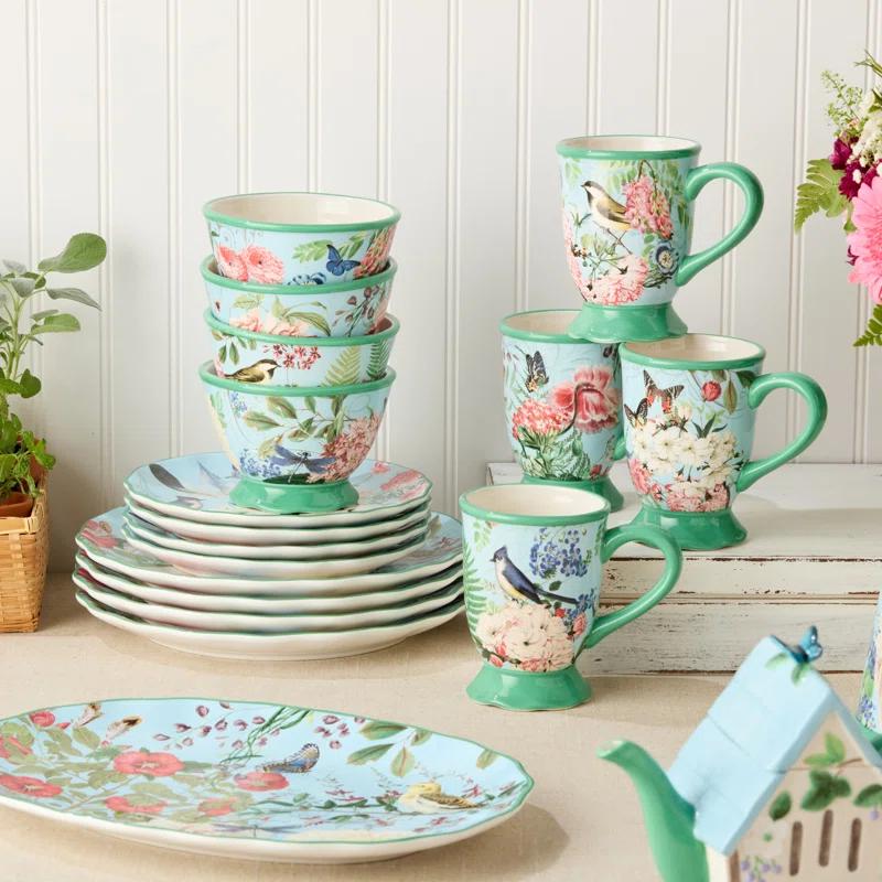 Certified International Flora 16-Piece Dinnerware Set, Service for 4 – Includes Dinner Plates, Dessert Plates, Pedestal Mugs, and Pedestal Ice Cream Bowls with Vibrant Nature-Inspired Floral Designs