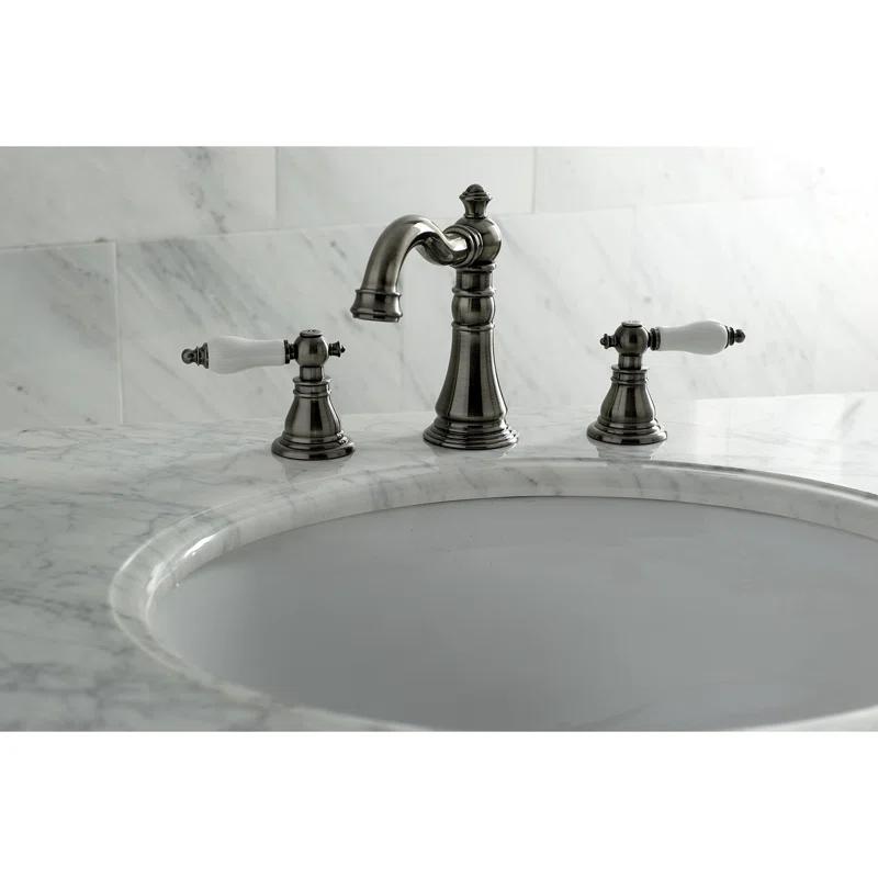 Kingston Brass American Patriot Two-Handle 3-Hole Deck Mount Widespread Bathroom Faucet with Brass Pop-Up Drain