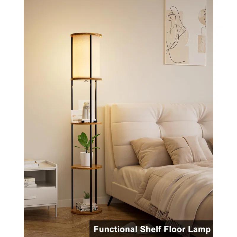 17 Stories Lightdot 61IN 3-Tier Shelf Floor Lamp With E26 Bulb Included, Black Standing Lamp For Living Room, Bedroom, Sofa Corner - Sturdy Wood Design With Fabric Lampshade