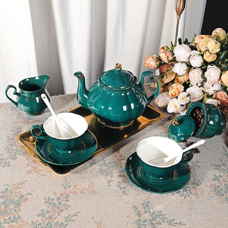 Rosdorf Park Malerba 21 Piece Vintage Porcelain Tea Set, Green With Gold Trim China Coffee Service For 6, Large Teapot, Tea Cup And Saucers Set, Christmas Gifts