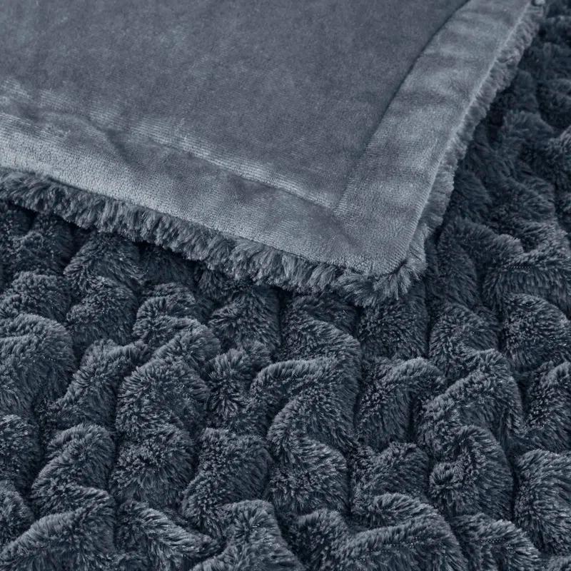 Madison Park Slate Blue Ruched Fur Throw 50x60"