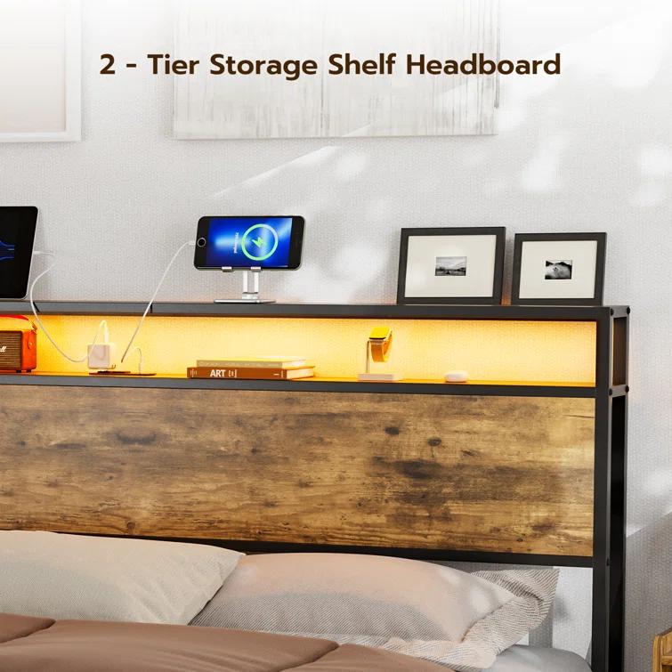Ivy Bronx Kaiwei Storage Headboard With Led Lights & Charging Station - Industrial Metal And Wood