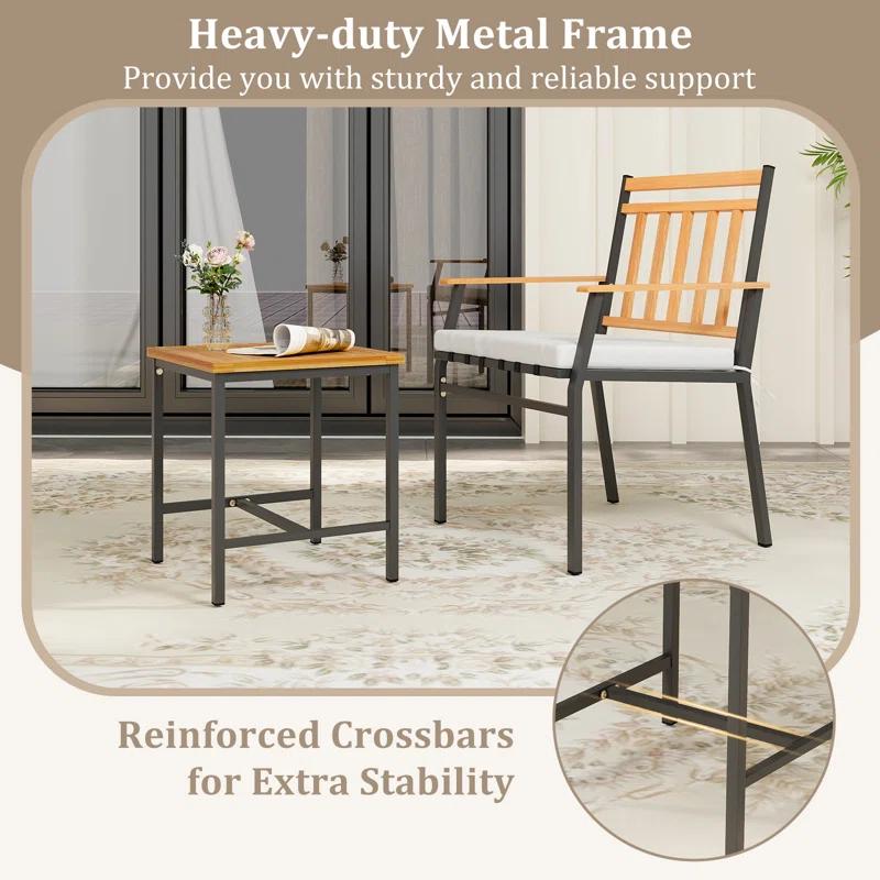 Gracie Oaks 3 Pieces Acacia Wood Bistro Set Patio Conversation Set With Cushions And Coffee Table Outdoor Bistro Table And Chairs Set