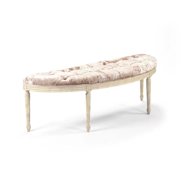 Champagne Velvet Demilune Bench with Distressed Cream Turned Legs