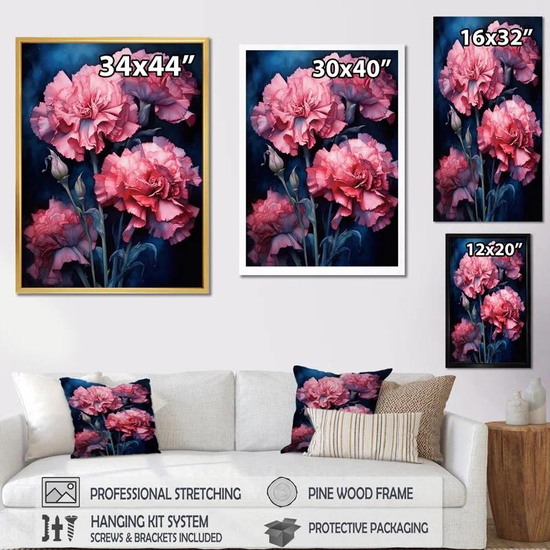 Design Art " Pink Carnation On Navy Blue Ink "