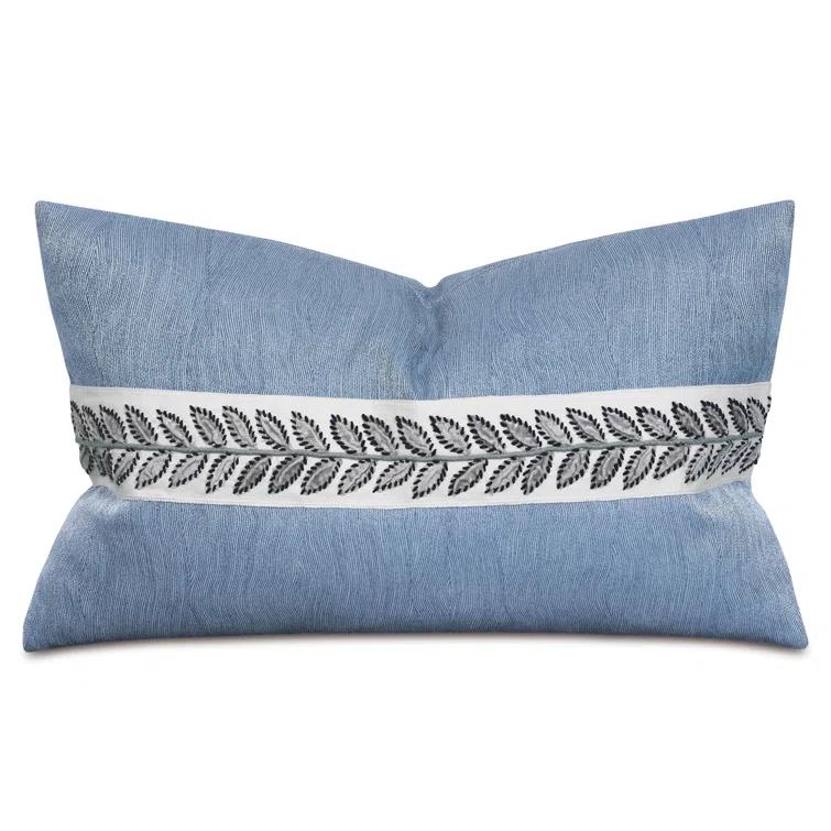 Indigo Embroidered Cashmere Lumbar Pillow with Leaf Border