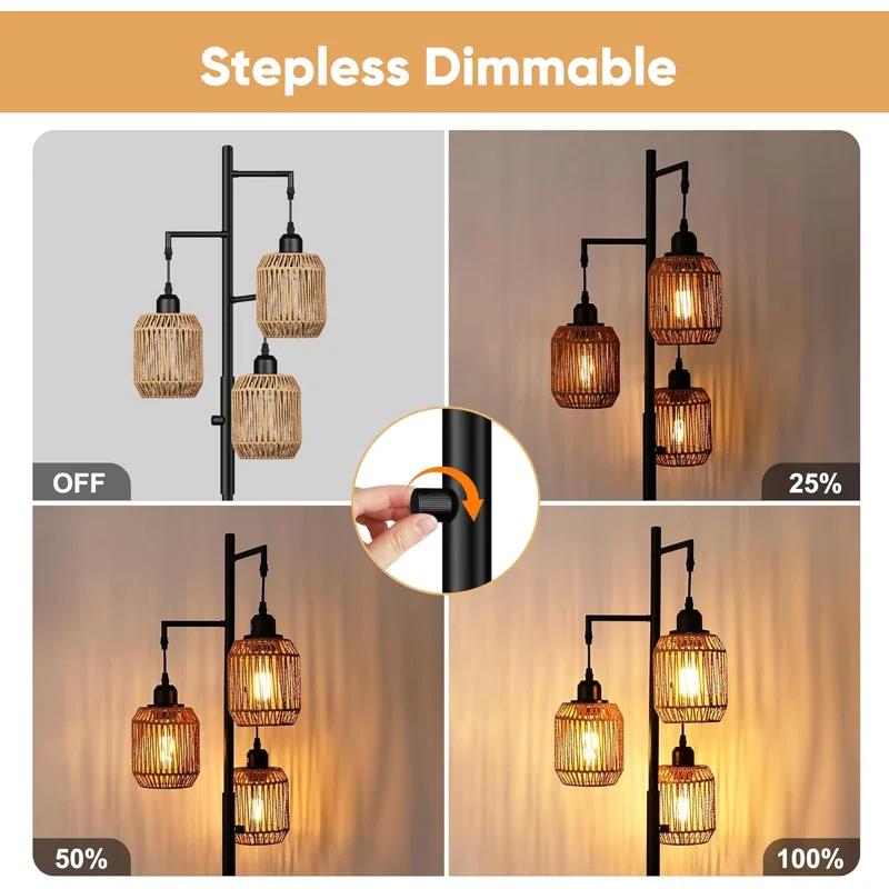 Breakwater Bay Dimmable Boho Floor Lamp - 3 Light Farmhouse Rattan Floor Lamp For Living Room, Industrial Tree Floor Lamps With 3 X 6W LED Bulbs, Rustic Standing Tall Lamp For Bedroom, 68", Black + Gray
