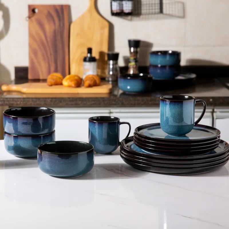 Tableware Set Of 4, Plates And Bowls Set, Handmade Reactive Glaze Cutlery Set, Chip And Scratch Resistant | Oven, Dishwasher And Microwave Safe, Set Of 4 Blue