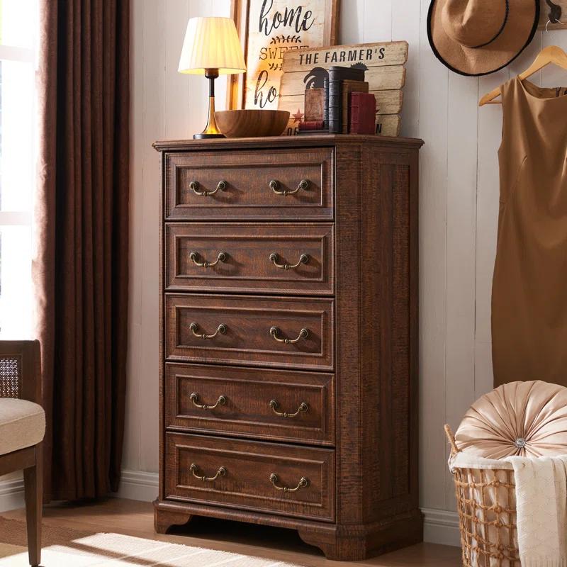 Laurel Foundry Modern Farmhouse® Theron Farmhouse 5 Drawer Bedroom Dresser, Wood Tall Chest of Drawers, Closet Storage for Bedroom