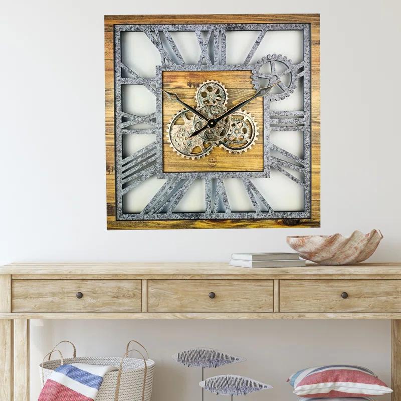Wall Clock 24" Square Oversized for Living Room decor with Real Moving Gears America Collection
